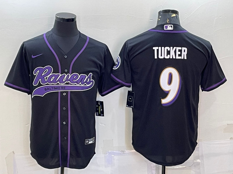 Men's Baltimore Ravens #9 Justin Tucker Black With Patch Cool Base Stitched Baseball Jersey